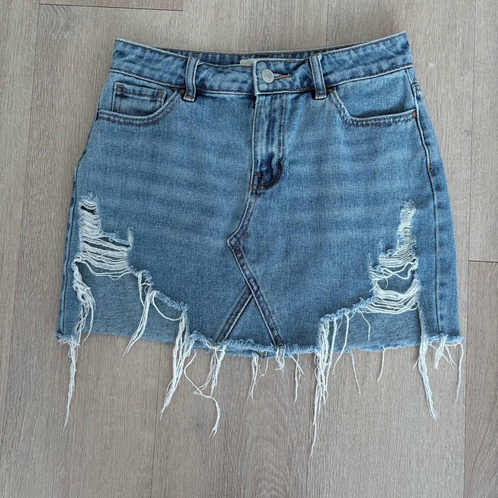 Pacsun Womens Denim Skirt 25 Light Blue Distressed Mini Cotton Pockets Summer